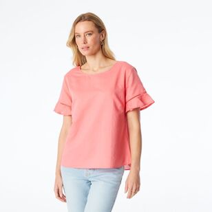 Khoko Collection Women's Ruffle Sleeve Linen Top Melon