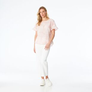 Khoko Collection Women's Ruffle Sleeve Print Linen Top Pink Print