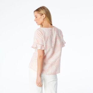 Khoko Collection Women's Ruffle Sleeve Print Linen Top Pink Print