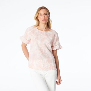 Khoko Collection Women's Ruffle Sleeve Print Linen Top Pink Print