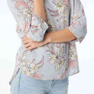 Khoko Collection Women's Floral Linen Shirt Grey & Floral