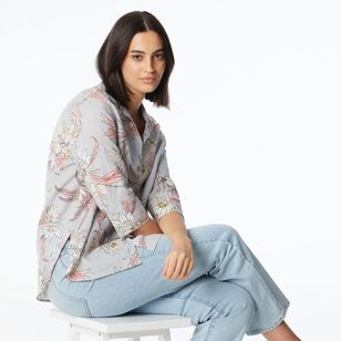 Khoko Collection Women's Floral Linen Shirt Grey & Floral