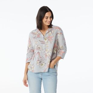 Khoko Collection Women's Floral Linen Shirt Grey & Floral