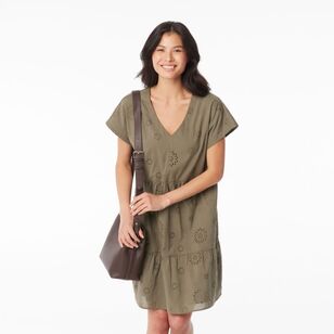 Khoko Collection Women's Broderie Tiered Dress Olive