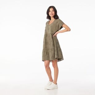 Khoko Collection Women's Broderie Tiered Dress Olive