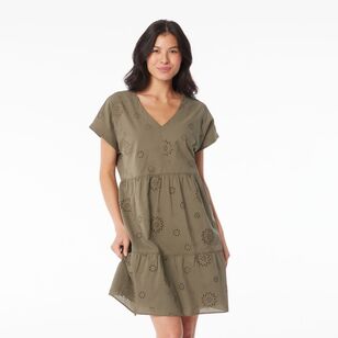 Khoko Collection Women's Broderie Tiered Dress Olive