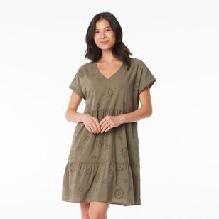 Khoko Collection Women's Broderie Tiered Dress Olive