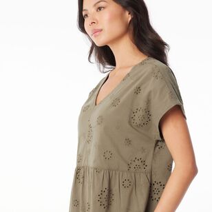 Khoko Collection Women's Broderie Tiered Dress Olive