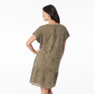 Khoko Collection Women's Broderie Tiered Dress Olive