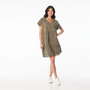 Khoko Collection Women's Broderie Tiered Dress Olive