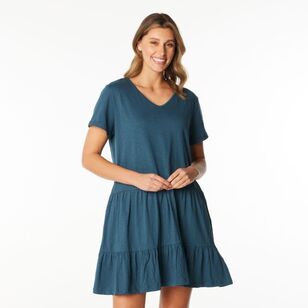 Khoko Collection Women's Slub Tee Shirt Dress with Tier Petrol