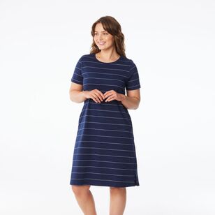 Khoko Collection Women's Stripe Tee Shirt Dress Navy, White Stripe