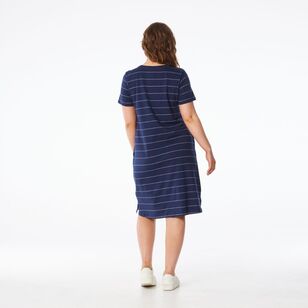 Khoko Collection Women's Stripe Tee Shirt Dress Navy, White Stripe