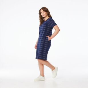 Khoko Collection Women's Stripe Tee Shirt Dress Navy, White Stripe