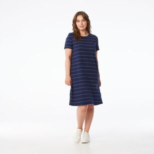 Khoko Collection Women's Stripe Tee Shirt Dress Navy, White Stripe