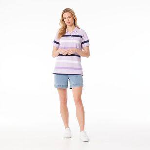 Khoko Collection Women's Thick Stripe Pique Polo Shirt Lavender