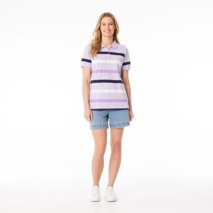 Khoko Collection Women's Thick Stripe Pique Polo Shirt Lavender