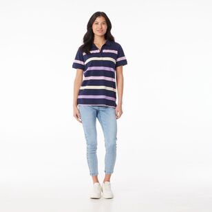 Khoko Collection Women's Thick Stripe Pique Polo Shirt Navy & Multicoloured