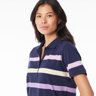 Khoko Collection Women's Thick Stripe Pique Polo Shirt Navy & Multicoloured