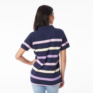 Khoko Collection Women's Thick Stripe Pique Polo Shirt Navy & Multicoloured