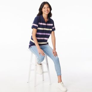 Khoko Collection Women's Thick Stripe Pique Polo Shirt Navy & Multicoloured