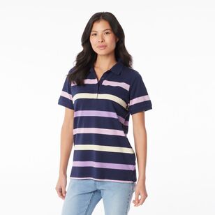 Khoko Collection Women's Thick Stripe Pique Polo Shirt Navy & Multicoloured