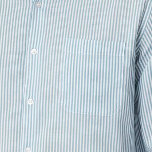 JC Lanyon Herne Cotton Linen Blend Long Sleeve Stripe Shirt Stone Blue