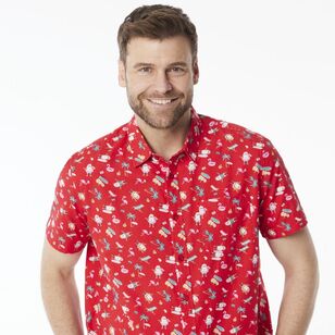 JC Lanyon Men's Christmas Summer Printed Short Sleeve Shirt Red