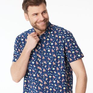 JC Lanyon Men's Christmas Printed Short Sleeve Shirt Navy