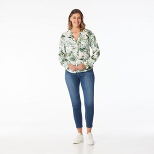 Khoko Collection Women's Viscose Tab Sleeve Shirt Green Floral