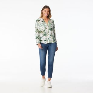 Khoko Collection Women's Viscose Tab Sleeve Shirt Green Floral