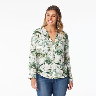 Khoko Collection Women's Viscose Tab Sleeve Shirt Green Floral