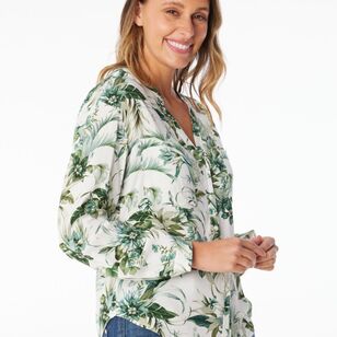 Khoko Collection Women's Viscose Tab Sleeve Shirt Green Floral