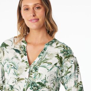 Khoko Collection Women's Viscose Tab Sleeve Shirt Green Floral