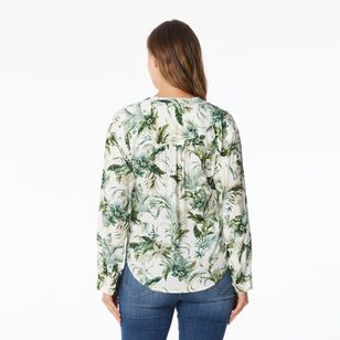 Khoko Collection Women's Viscose Tab Sleeve Shirt Green Floral