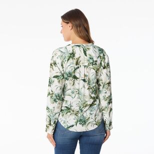 Khoko Collection Women's Viscose Tab Sleeve Shirt Green Floral