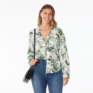 Khoko Collection Women's Viscose Tab Sleeve Shirt Green Floral