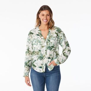 Khoko Collection Women's Viscose Tab Sleeve Shirt Green Floral