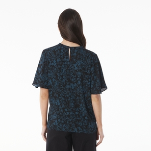 Khoko Smart Women’s Cape Sleeve Paisley Top Petrol