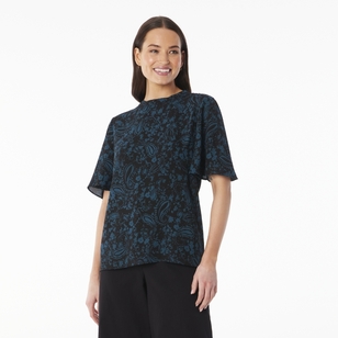 Khoko Smart Women’s Cape Sleeve Paisley Top Petrol