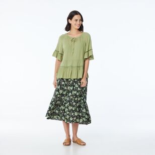 Khoko Collection Women’s Frill Hem Viscose Skirt Olive