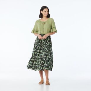 Khoko Collection Women’s Frill Hem Viscose Skirt Olive