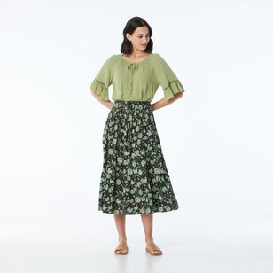 Khoko Collection Women’s Frill Hem Viscose Skirt Olive