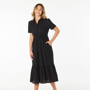 Khoko Edition Women's Broderie Shirtmaker Midi Dress Black