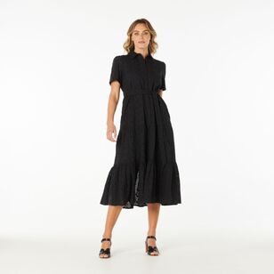 Khoko Edition Women's Broderie Shirtmaker Midi Dress Black