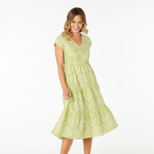 Khoko Edition Women's Broderie V Neck Midi Dress Avocado