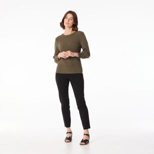 Jane Lamerton Women's Rib Crew Neck Knit Khaki