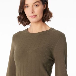 Jane Lamerton Women's Rib Crew Neck Knit Khaki