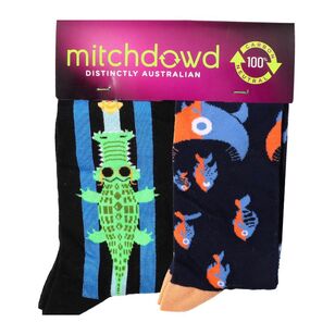 Mitch Dowd Men's Croc & Fish Bamboo Crew Sock 2 Pack Black Multicoloured 41487