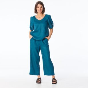 Khoko Edition Women's Linen Lace Top Teal